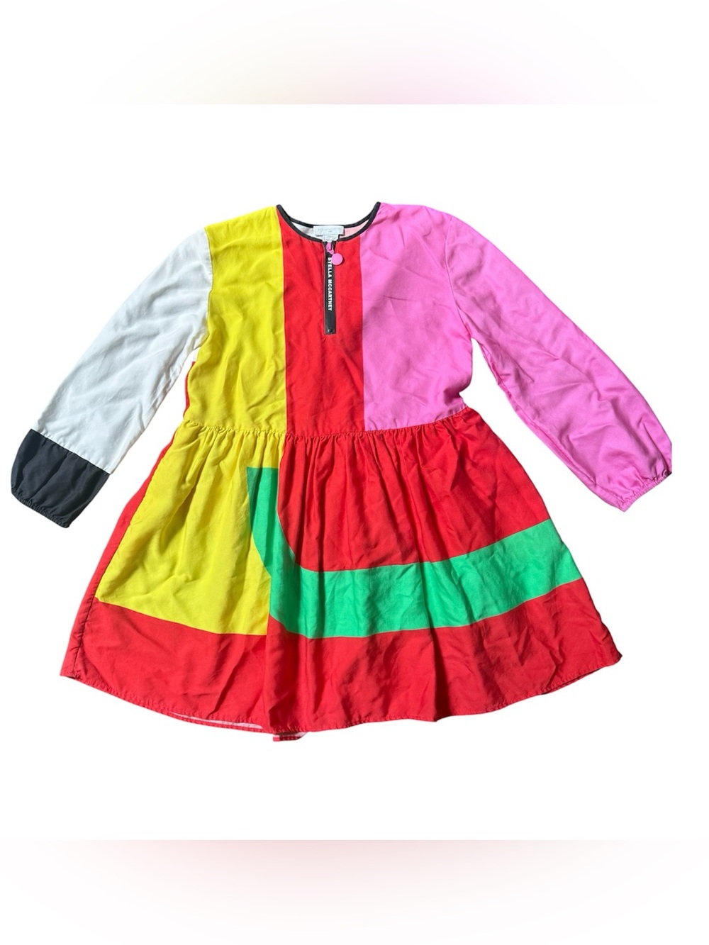 Stella McCartney long sleeve vibrant colorblock zip logo pocket pleat dress - Picture 3 of 7
